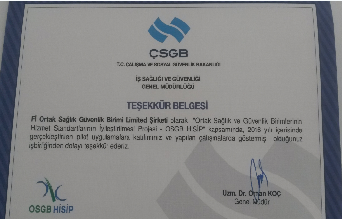ÇSGB Teşekkür Belgesi