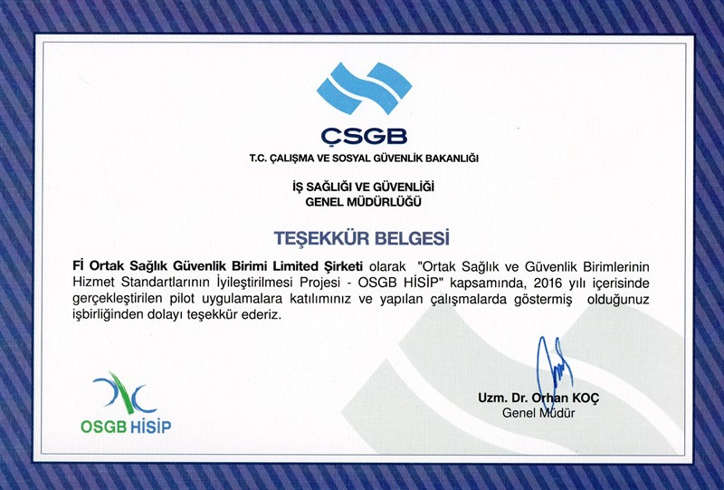 ÇSGB Teşekkür Belgesi